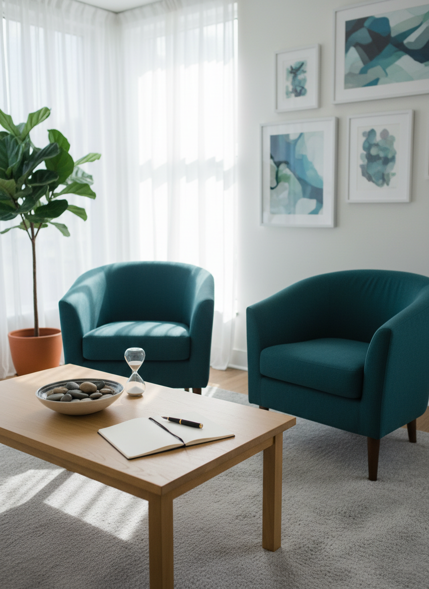 A neatly arranged therapy consultation room without any people, featuring a pair of deep teal upholstered armchairs facing each other across a low, light-oak wooden table. On the table lies an open notebook, a sand timer, and a small ceramic bowl filled with smooth river stones. A large window with sheer white curtains lets in soft morning daylight, casting gentle, calming shadows across a pale grey rug. In the background, abstract artwork in muted blues and greens hangs on a white wall and a tall plant adds life to the corner. Photographic realism, eye-level composition, with a shallow depth of field that keeps the seating area in sharp focus and the background slightly blurred, creating a professional yet soothing atmosphere that evokes psychological support and emotional safety.