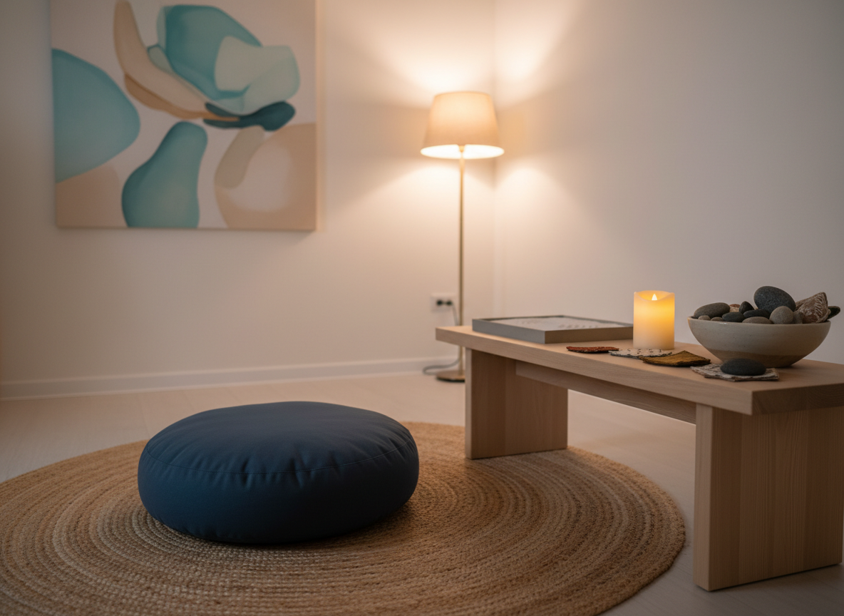 A serene mindfulness and emotional regulation space in a psychological clinic with a slate-blue meditation cushion, a low ash-wood bench and soft diffused evening light.