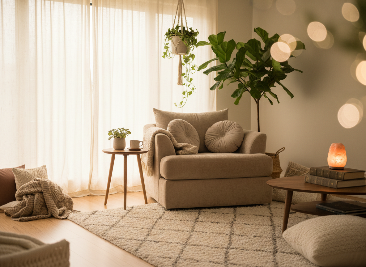 A warm, cosy therapeutic room with soft natural light coming through sheer curtains, a comfortable armchair, subtle plants, warm neutral tones, calm and inviting atmosphere, soft bokeh, professional interior photography style